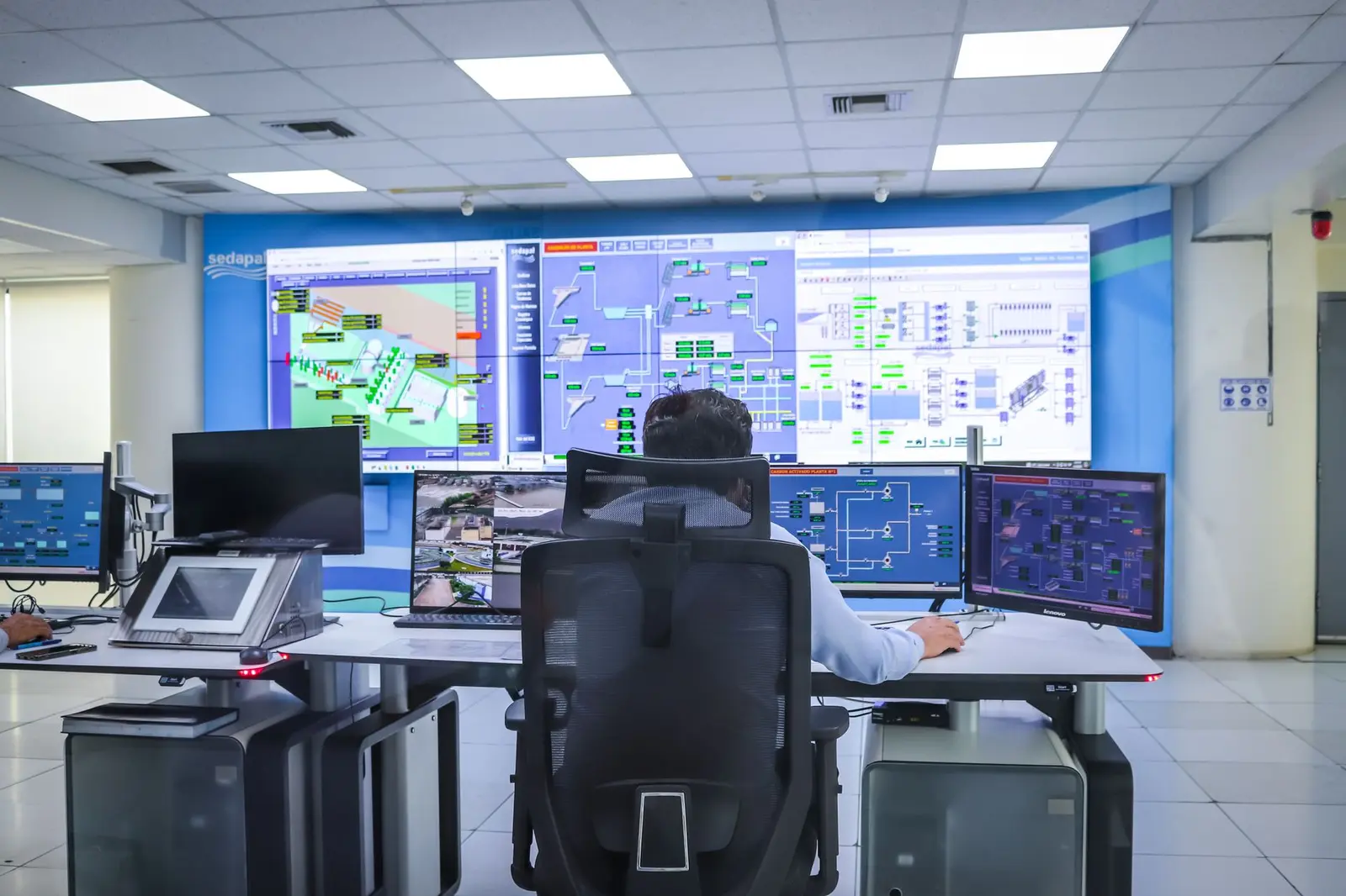 Advanced security operations control room with monitor walls.
