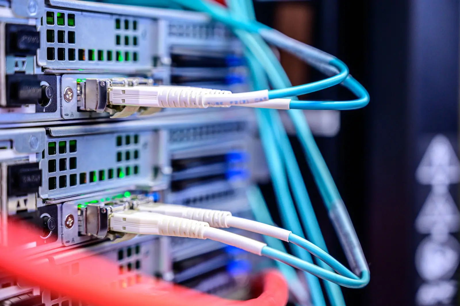 Close-up of cables plugged into a storage server.